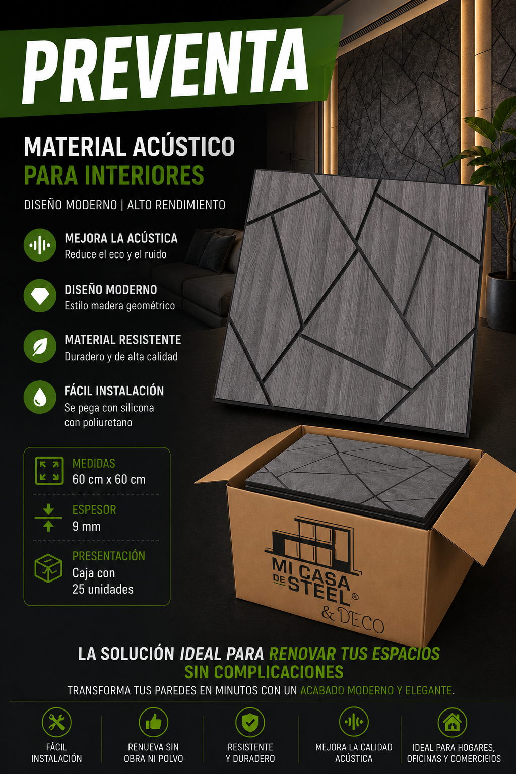 Placa acustica decorativa diseño geometrico
