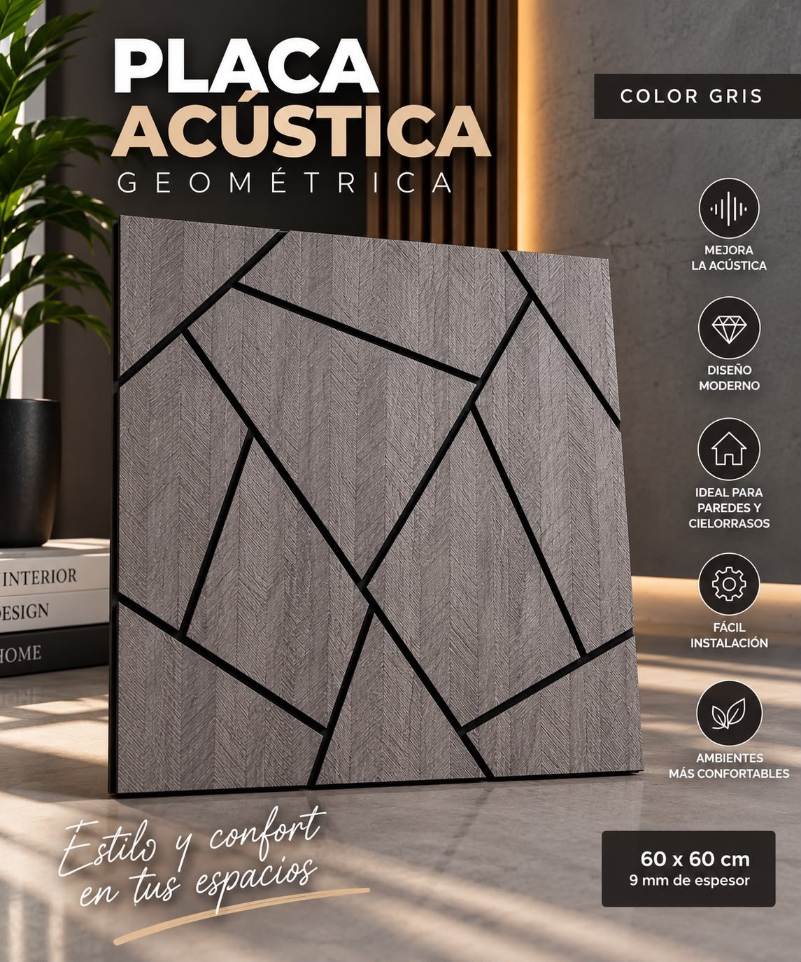 Placa acustica decorativa diseño geometrico GRIS x unidad