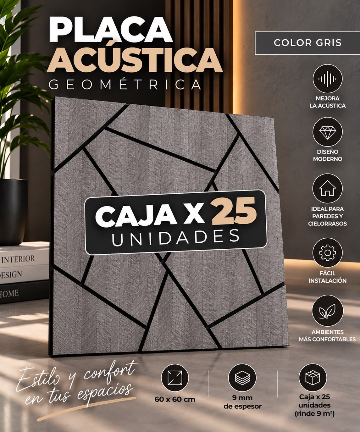 Placa acustica decorativa diseño geometrico gris x caja cerrada