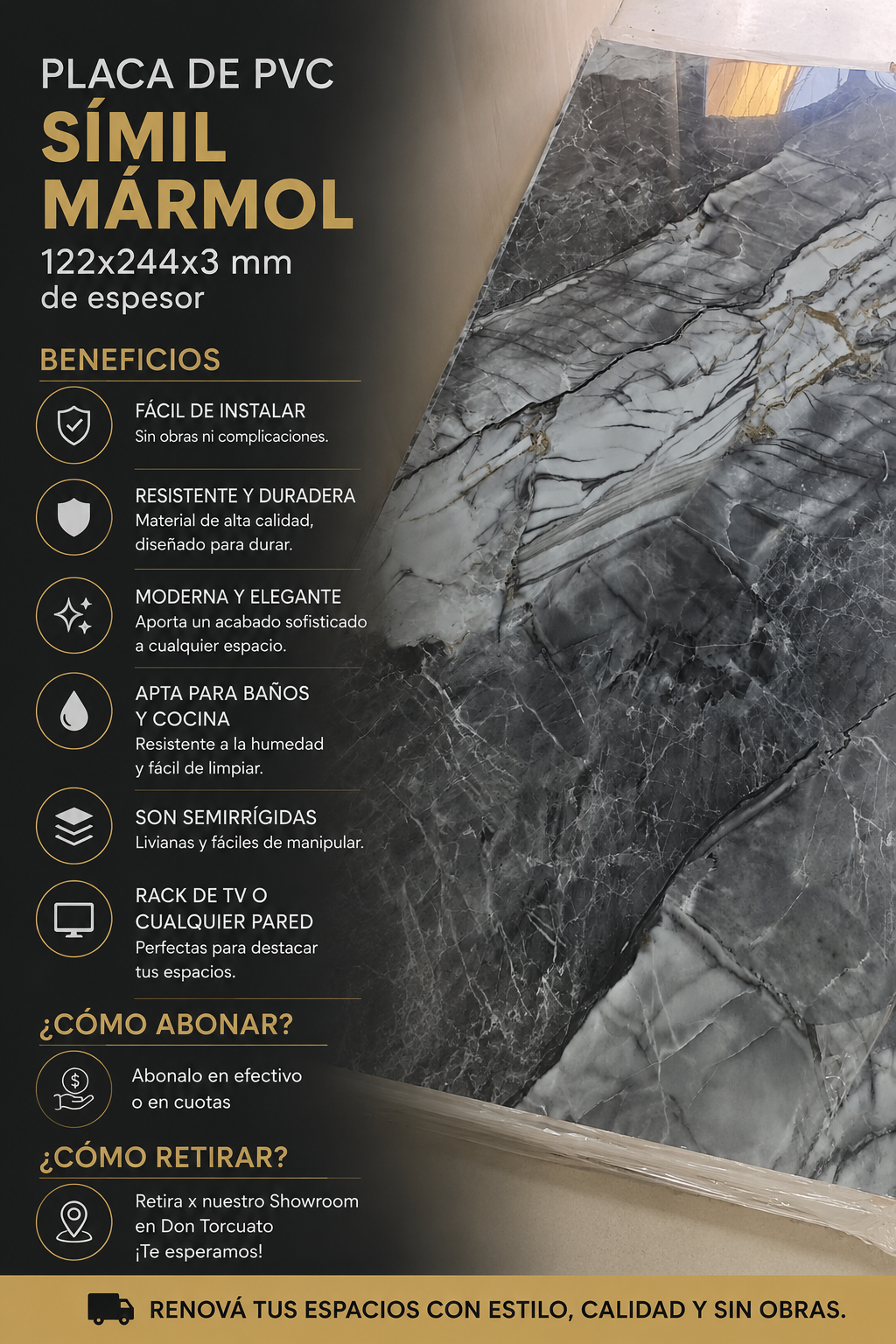 Placa PVC Petra Simil Marmol apta para baños y cocinas 122x244x3mm de espesor