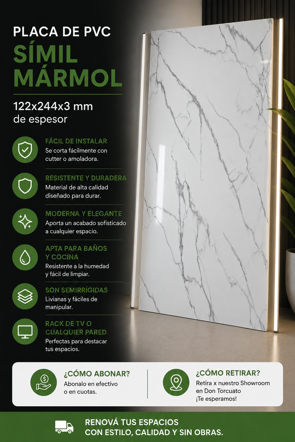 Placa PVC Calacatta Simil Marmol apta para baños y cocinas 122x244x3mm de espesor