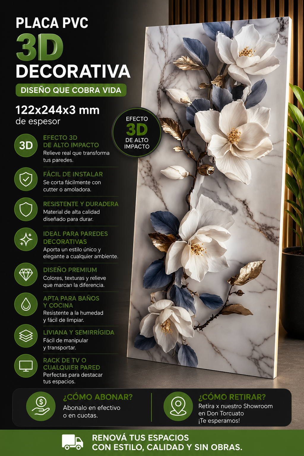 Placa PVC 3D Flor Magnolia 122x244x3mm de espesor