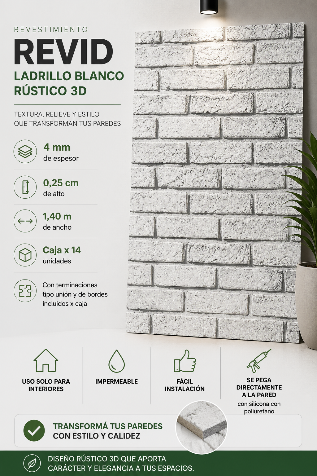 Revestimiento PVC Ladrillo Blanco Rustico