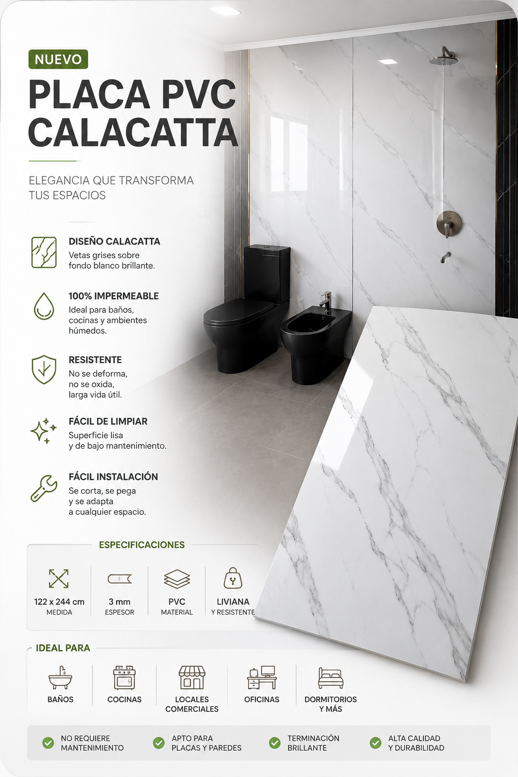 Placa PVC Simil Marmol Calacatta apta para baños y cocinas 122x244x3mm de espesor