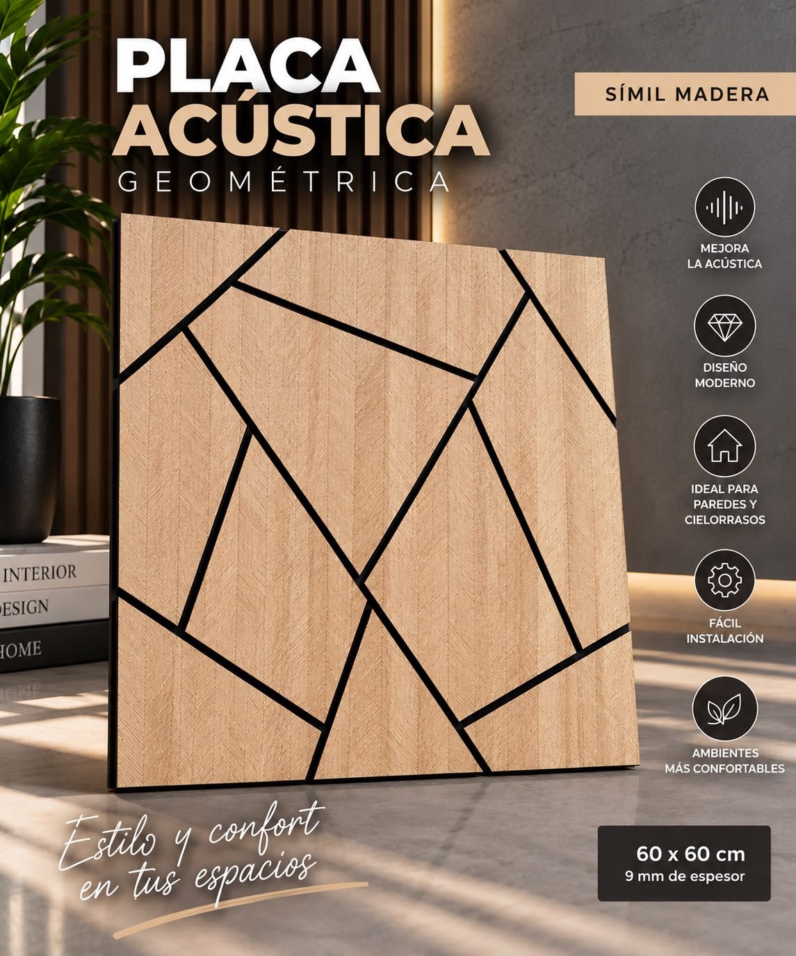Placa acustica decorativa diseño geometrico simil madera x unidad
