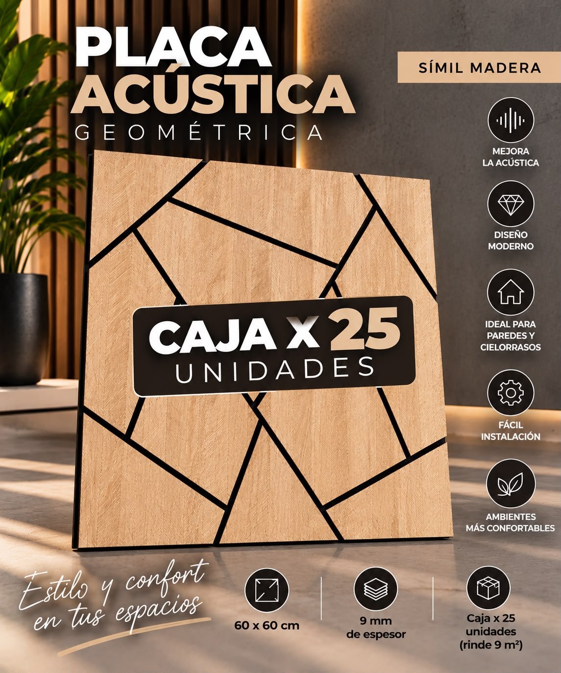 Placa acustica decorativa diseño geometrico simil madera x caja cerrada